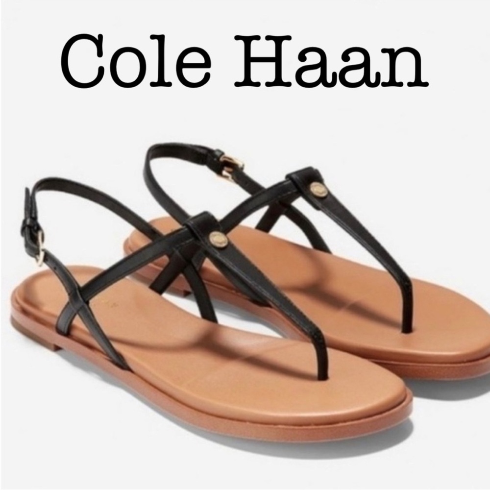 Cole Haan Floral Black Leather Thong Sandals Size 8 1/2